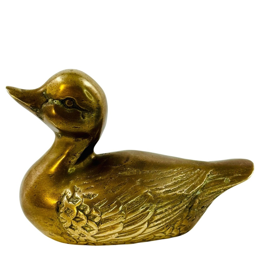 Vintage Solid Brass Duck Miniature Duckling Decor Paperweight Statue MCM CUTE